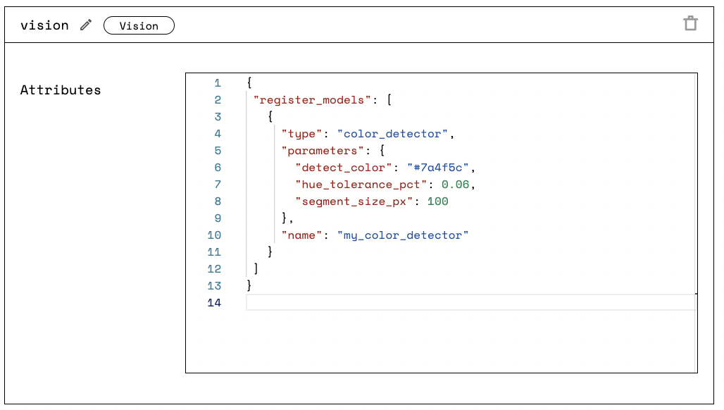 Screenshot from the Viam app showing the Vision service panel. The panel has an Attributes panel populated with vision service attributes. On the upper right side there is a trash bin icon.