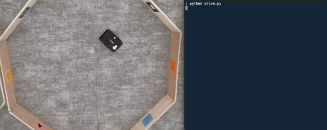 Overhead view of the Viam rover showing it as it drives in a square on the left, and on the right, a terminal window shows the output of running the square function as the rover moves in a square.