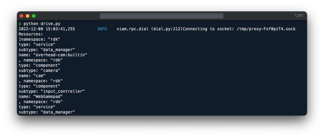 A screenshot from the terminal that prints the output of print(robot.resource_names) when your Viam Rover has correctly connected and initialized with the Viam app. The output is an array of resources that have been pulled from the Viam app. Some of these are the Vision Service, Data Manager, and Board.