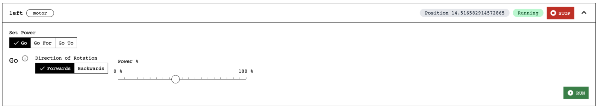 Screenshot of the left motor control panel in Go mode with Direction of Rotation set to Forwards and Power Percent set to 45.