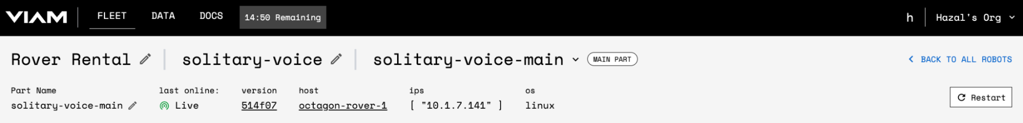 Screenshot of the top banner of a Try Viam rover robot page. The randomly generated name for this rover is “solitary-voice”.