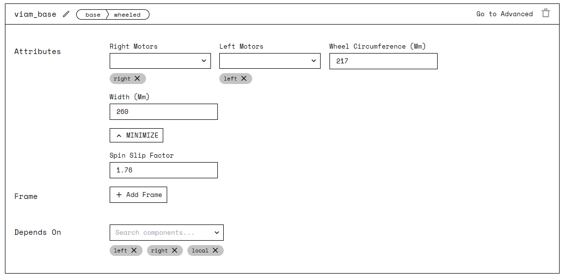 Screenshot of the base configuration panel, showing right and left motors, wheel circumference set to 217, width set to 260mm, and spin slip factor set to 1.76.