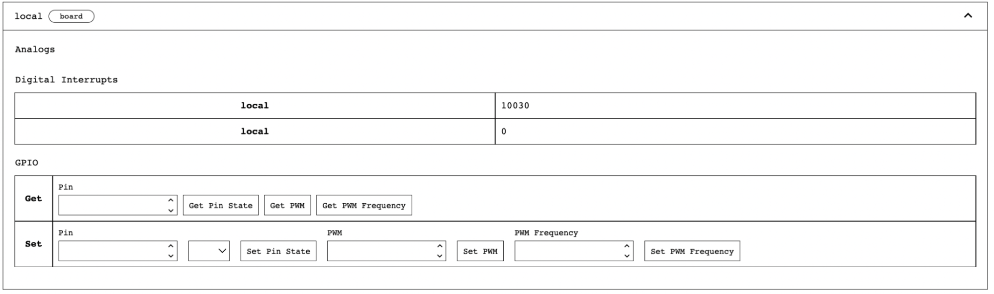 Screenshot of the board panel in the CONTROL tab, including fields to get and set GPIO pin states.