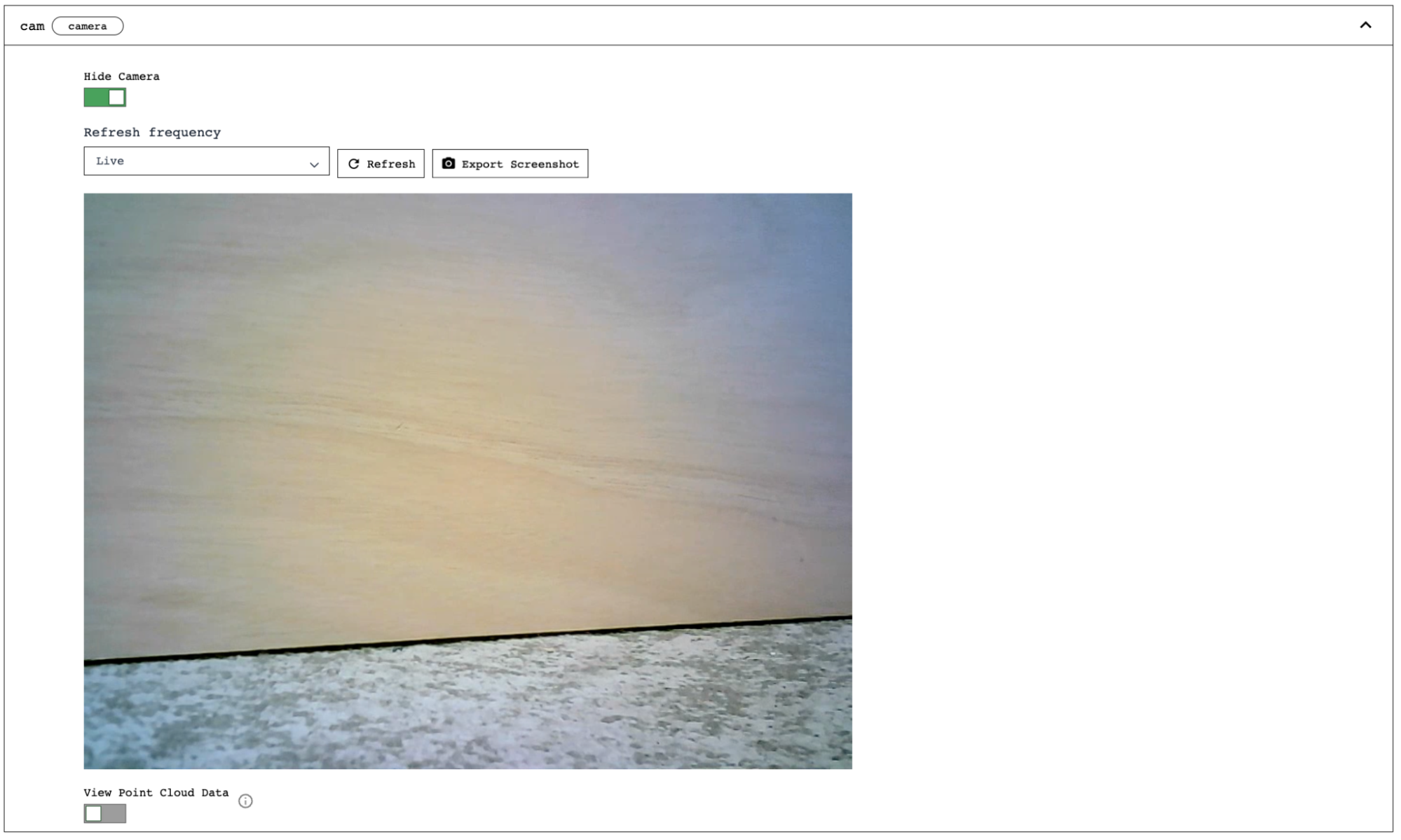 Screenshot of the front-facing camera panel (for the component named “cam”).