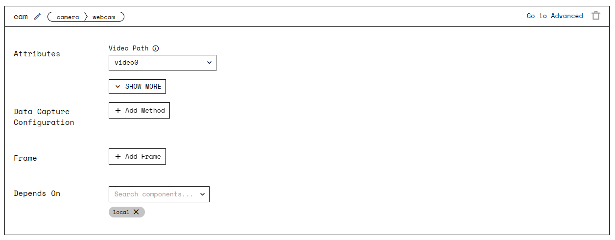 Screenshot of the webcam configuration panel. The video path is set to “video0”.