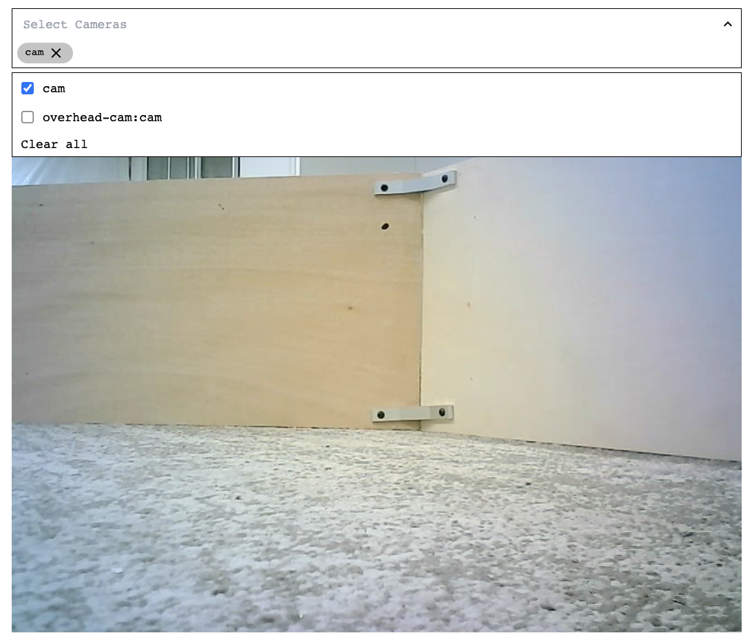 Screenshot of the camera component panel of the CONTROL tab with the camera named “cam” selected and its feed displayed.