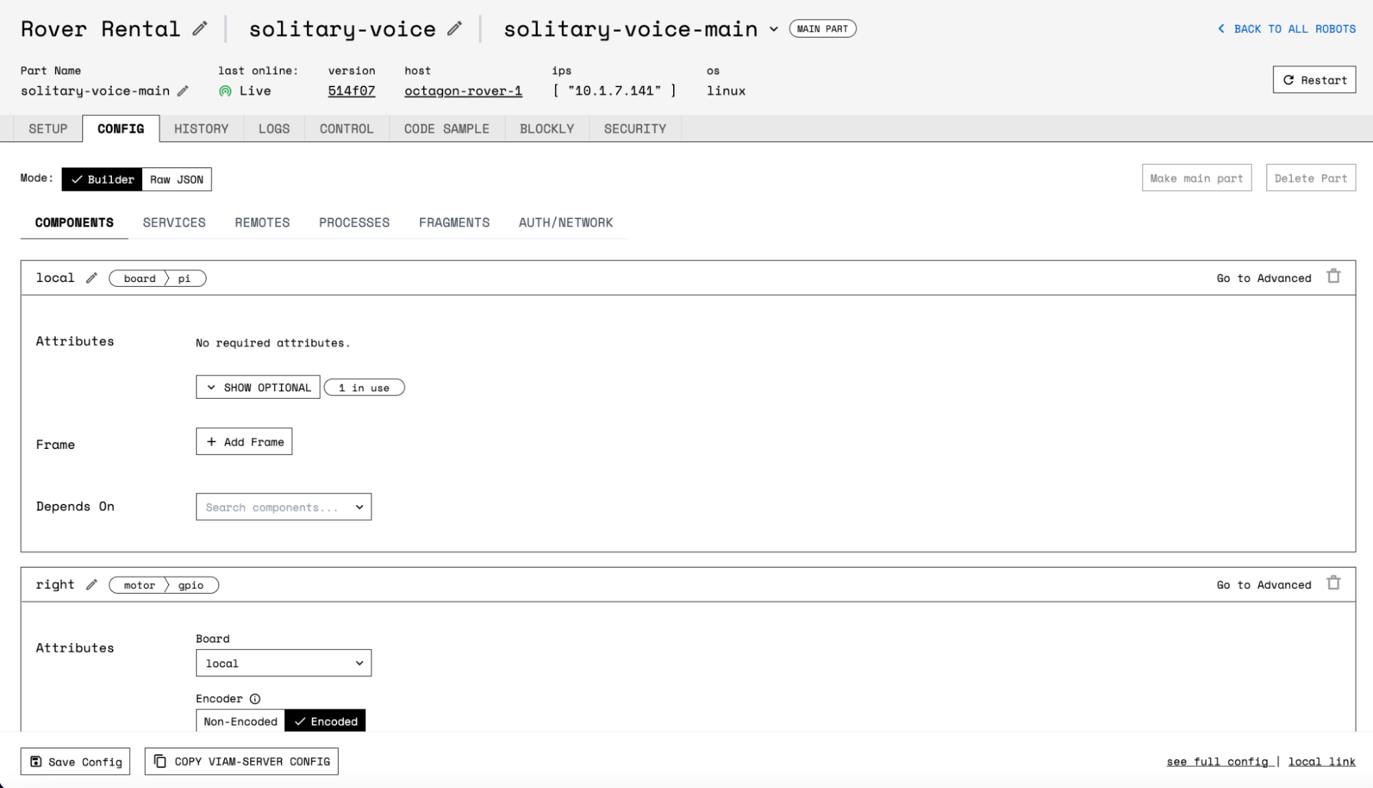 Screenshot of the CONFIG tab in Builder mode (as opposed to Raw JSON). The board component panel and right motor panel are visible.