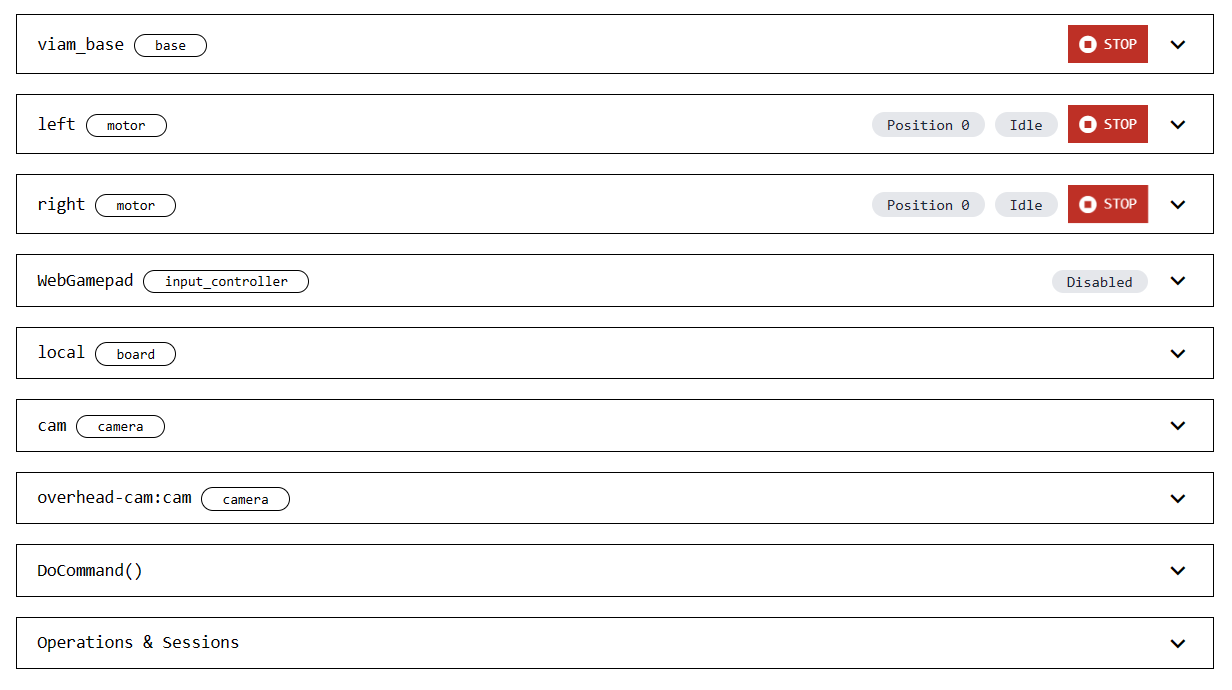 Screenshot of the component panels on the CONTROL tab of the Try Viam rover. None of them are expanded yet so they display as thin rectangles with component names and types shown.