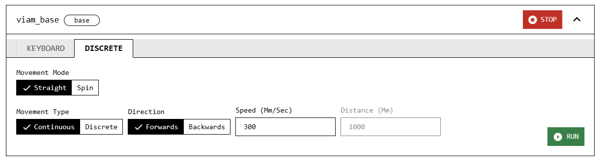 Screenshot of the DISCRETE tab of the viam_base component panel. Movement mode, movement type, and direction mode toggles are shown as well as a speed (mm/sec) field and a distance field (the latter of which is greyed out because the movement type toggle is set to continuous instead of discrete movement).