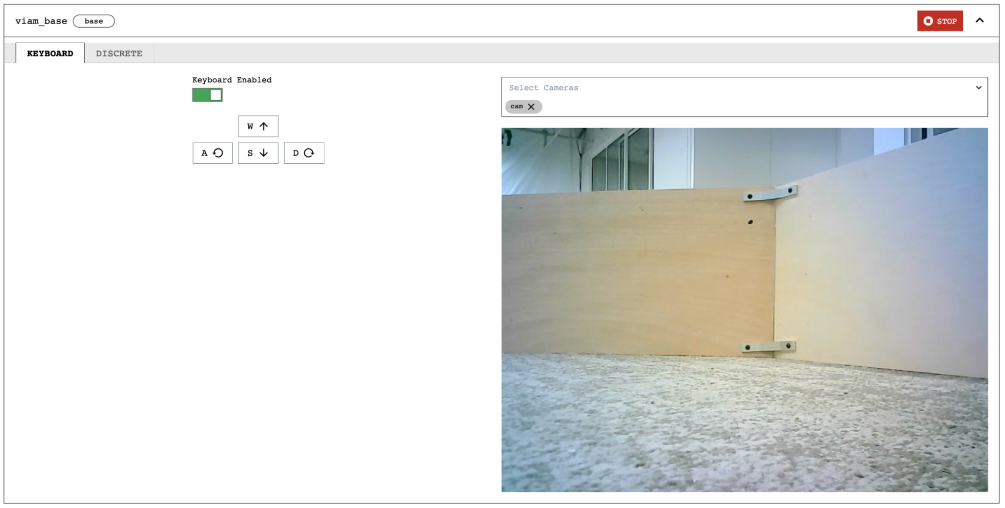 Screenshot of the viam_base component panel with the keyboard enabled (allowing use of the WASD keys to drive the base) and with the “cam” camera feed enabled.