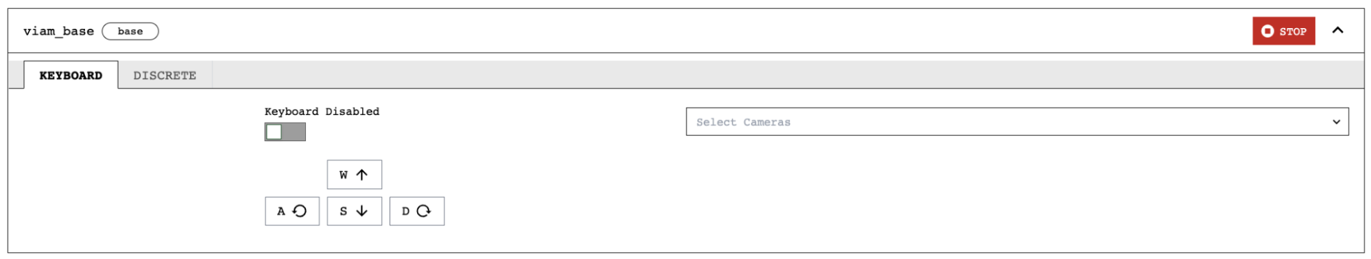 Screenshot of the viam_base component panel on the CONTROL tab. The Keyboard Disabled toggle is grey and not yet enabled.