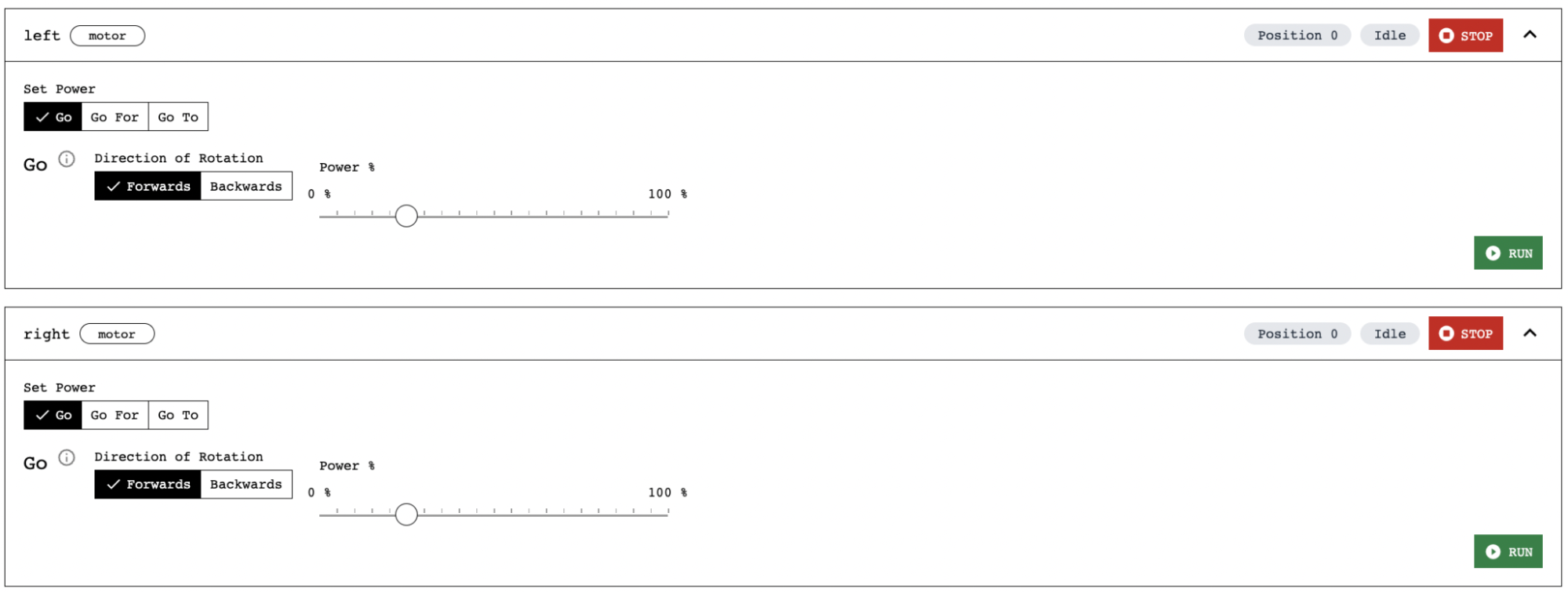 Screenshot of the left and right motor panels on the CONTROL tab.