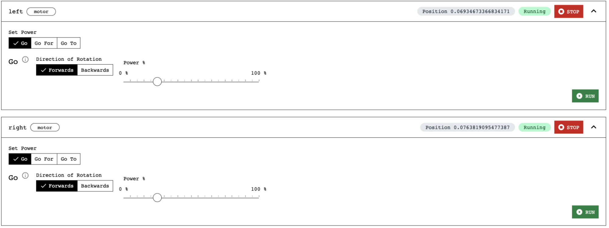 Screenshot of the left and right motor control panels. A green “Running” icon is displayed on the upper right of both motor panels, and a “Position” indicator displays non-zero positions for both motors.