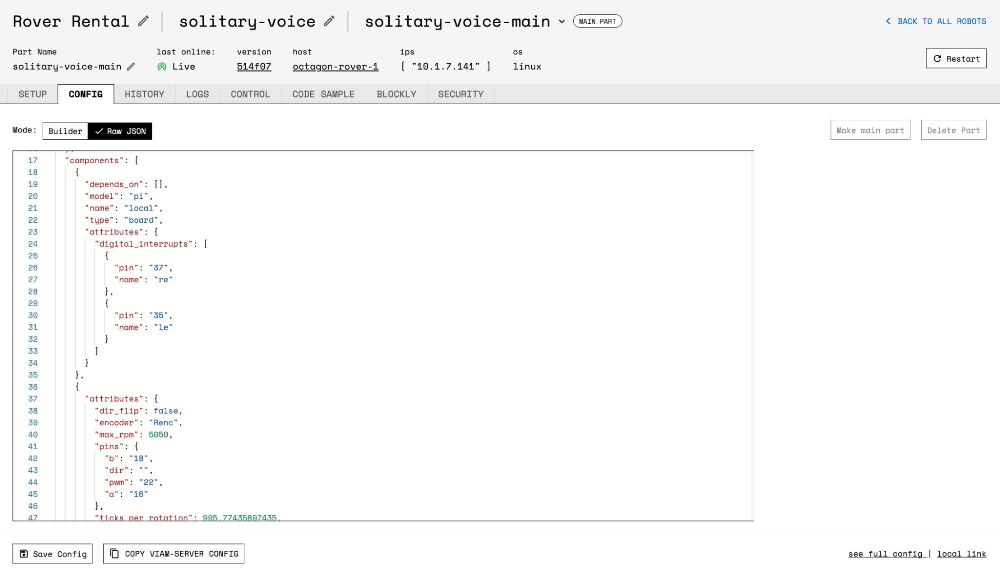Screenshot of the CONFIG tab with the mode toggled to Raw JSON. A section of the full raw JSON config is displayed but one would have to scroll to see all of it.