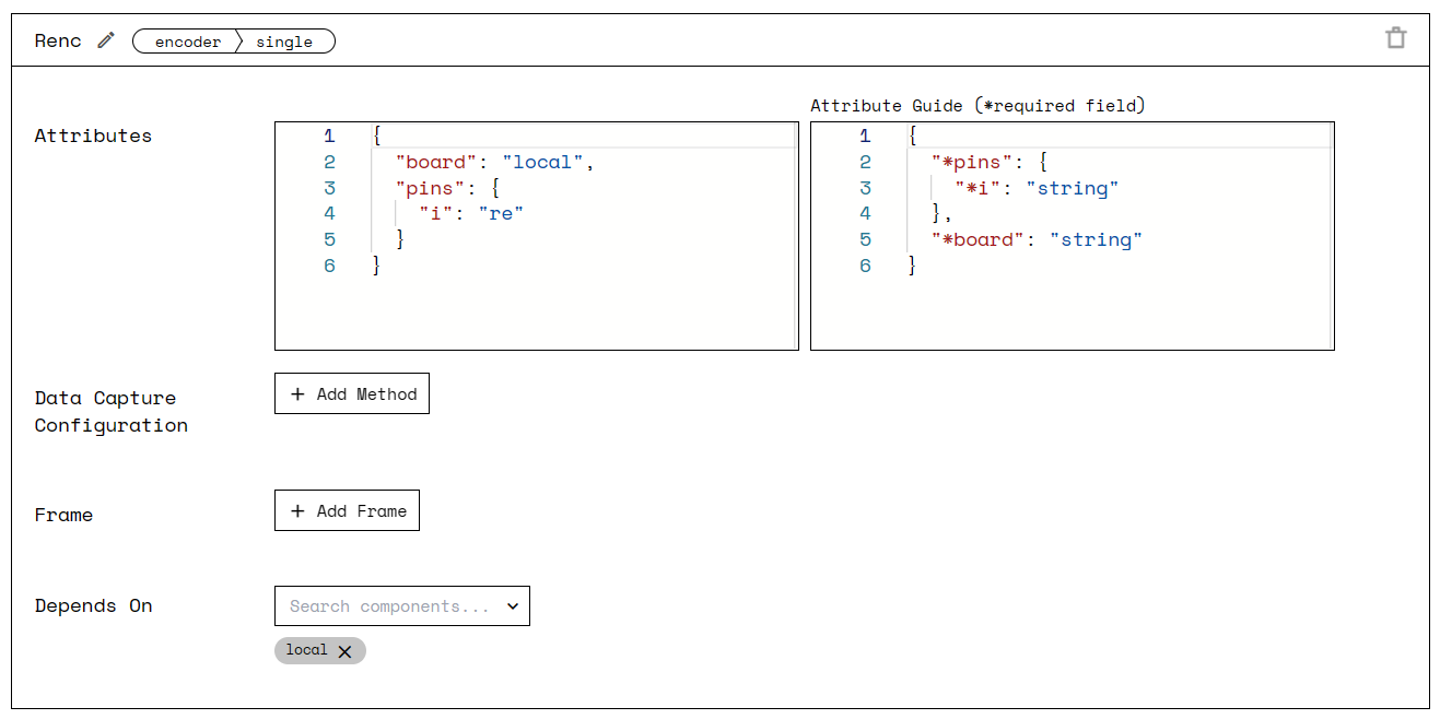 Screenshot of the right encoder config panel with the board attribute set to “local” and the pins struct containing “i” set to “re”.