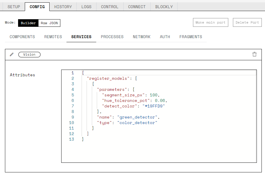 A screenshot of the vision service configuration on the SERVICES sub-tab of the CONFIG tab. The attributes field has been populated with raw JSON identical to that in the copy-pasteable JSON field below.
