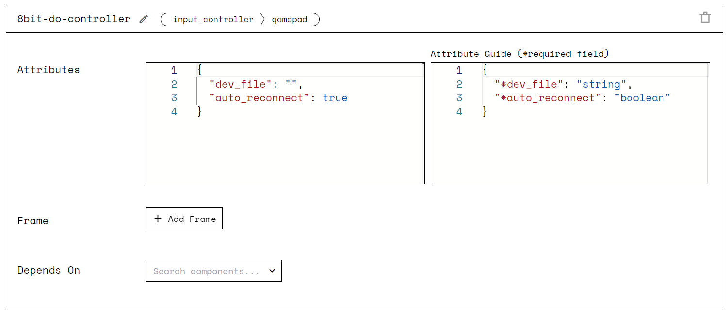 A screenshot of the 8BitDo controller configuration in the Viam app. Other than the name, type and model, it contains only the attribute auto_reconnect = true.