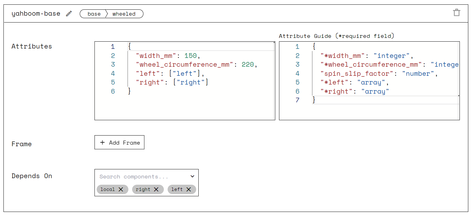 A screenshot of the Yahboom base configuration on the Viam app.