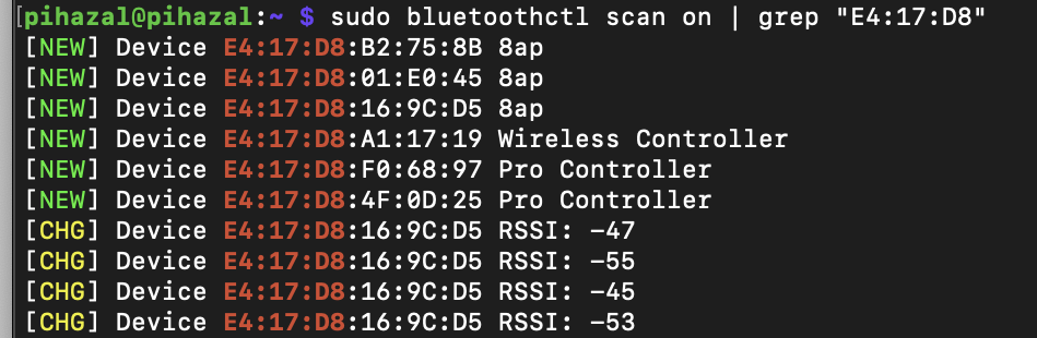A screenshot of a Rasperry Pi terminal with the ‘sudo bluetoothctl scan on | grep “E4:17:D8”’ command at the top, followed by a list of device MAC addresses all beginning in “E4:17:D8”.