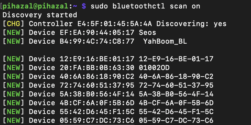 A screenshot of a Raspberry Pi terminal with the following command: sudo bluetoothctl scan on. The results of the command are displayed: a list of device MAC addresses.