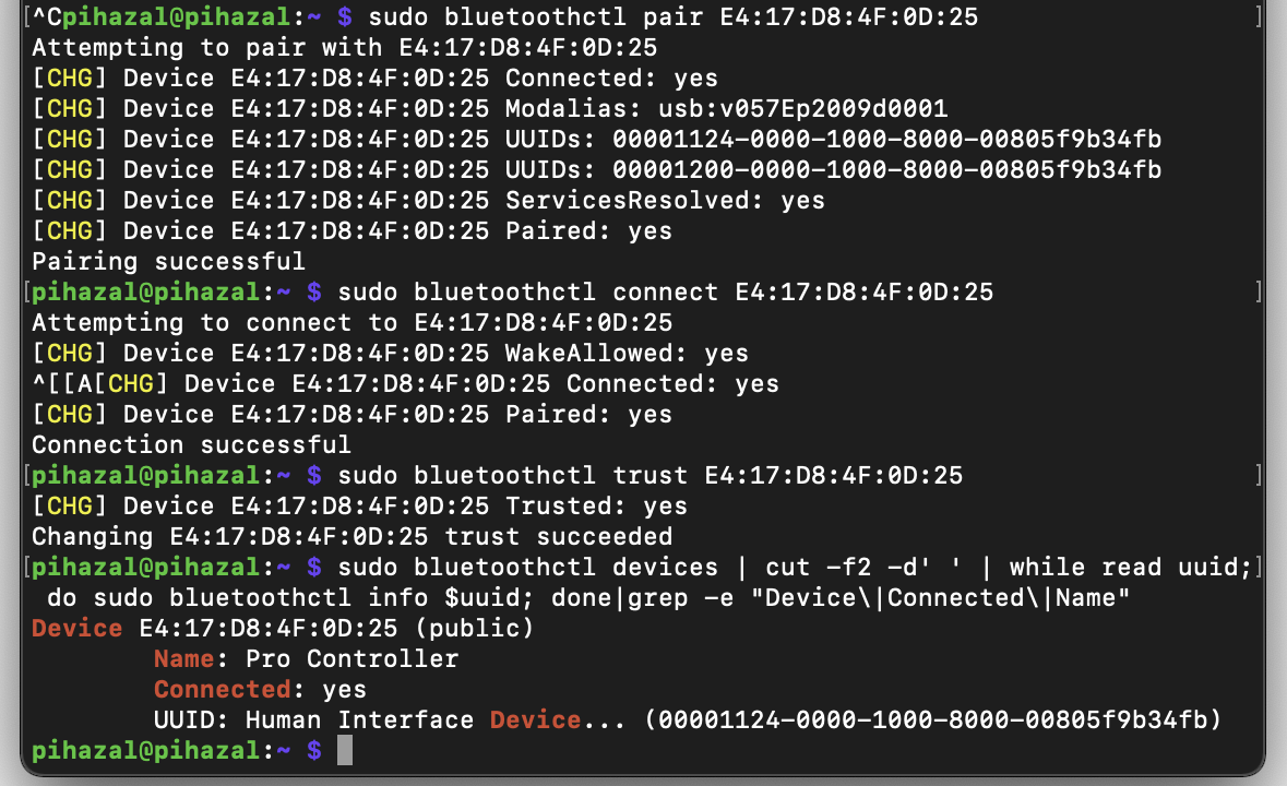 A screenshot of a Pi terminal showing the above bluetoothctl commands and their outputs.