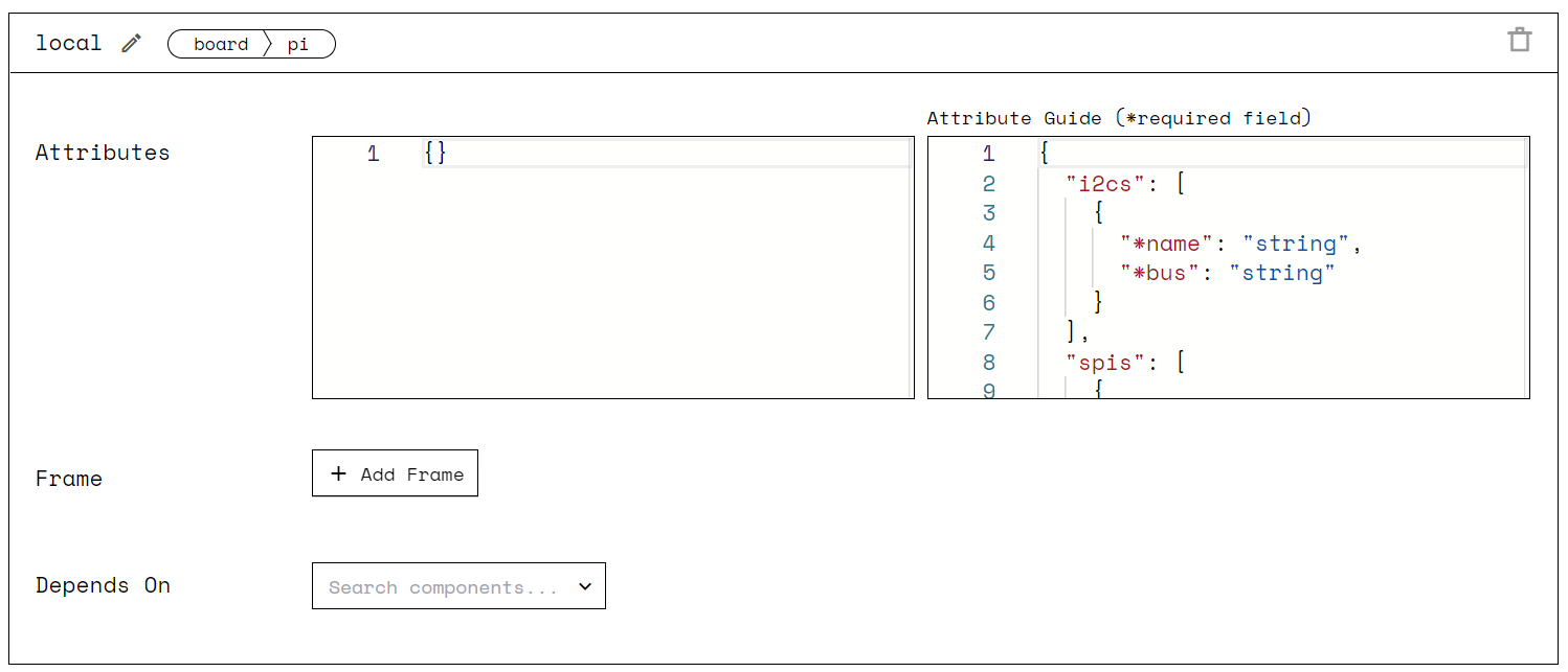 A screenshot of the board’s configuration card on app.viam.com.