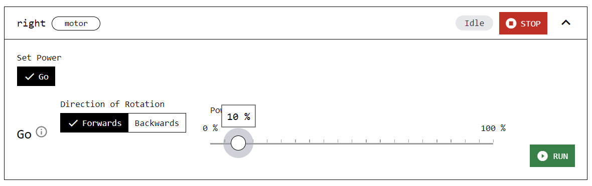A screenshot of the CONTROL tab UI with buttons to control the right motor.