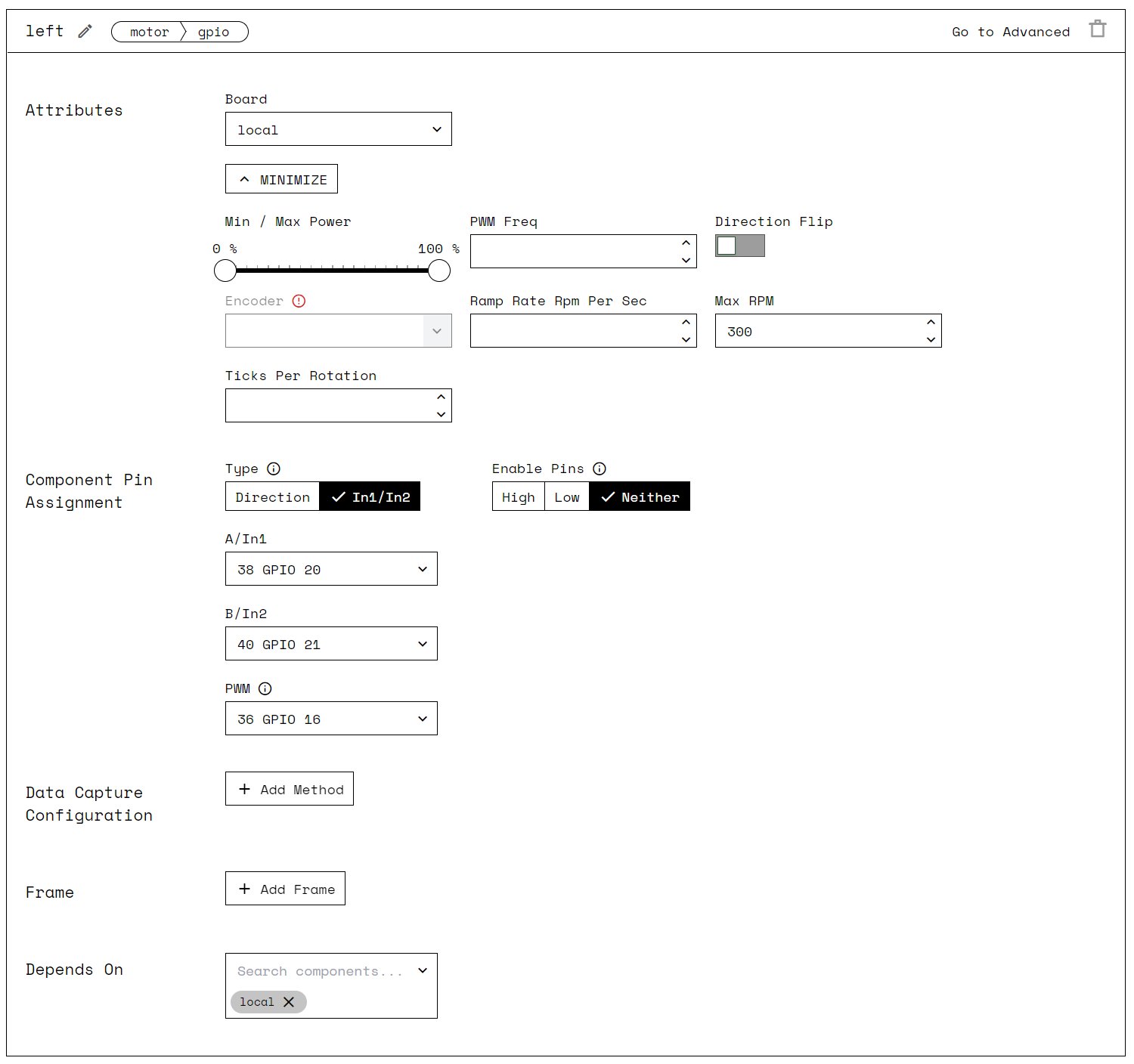 A screenshot of the left motor configuration showing pin assignment and Max RPM set to 300.