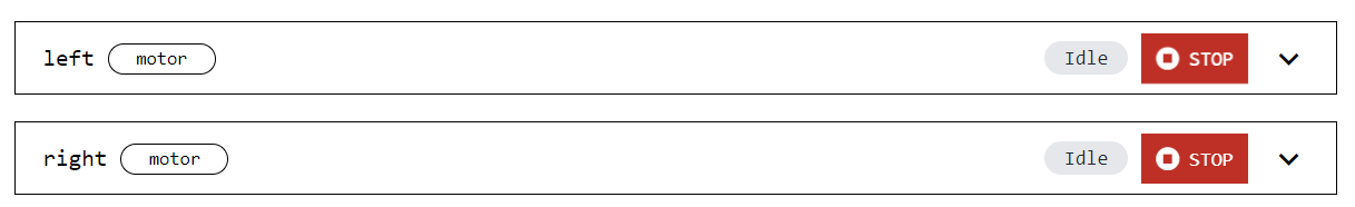 A screenshot of the CONTROL tab UI with buttons to control both sets of motors.
