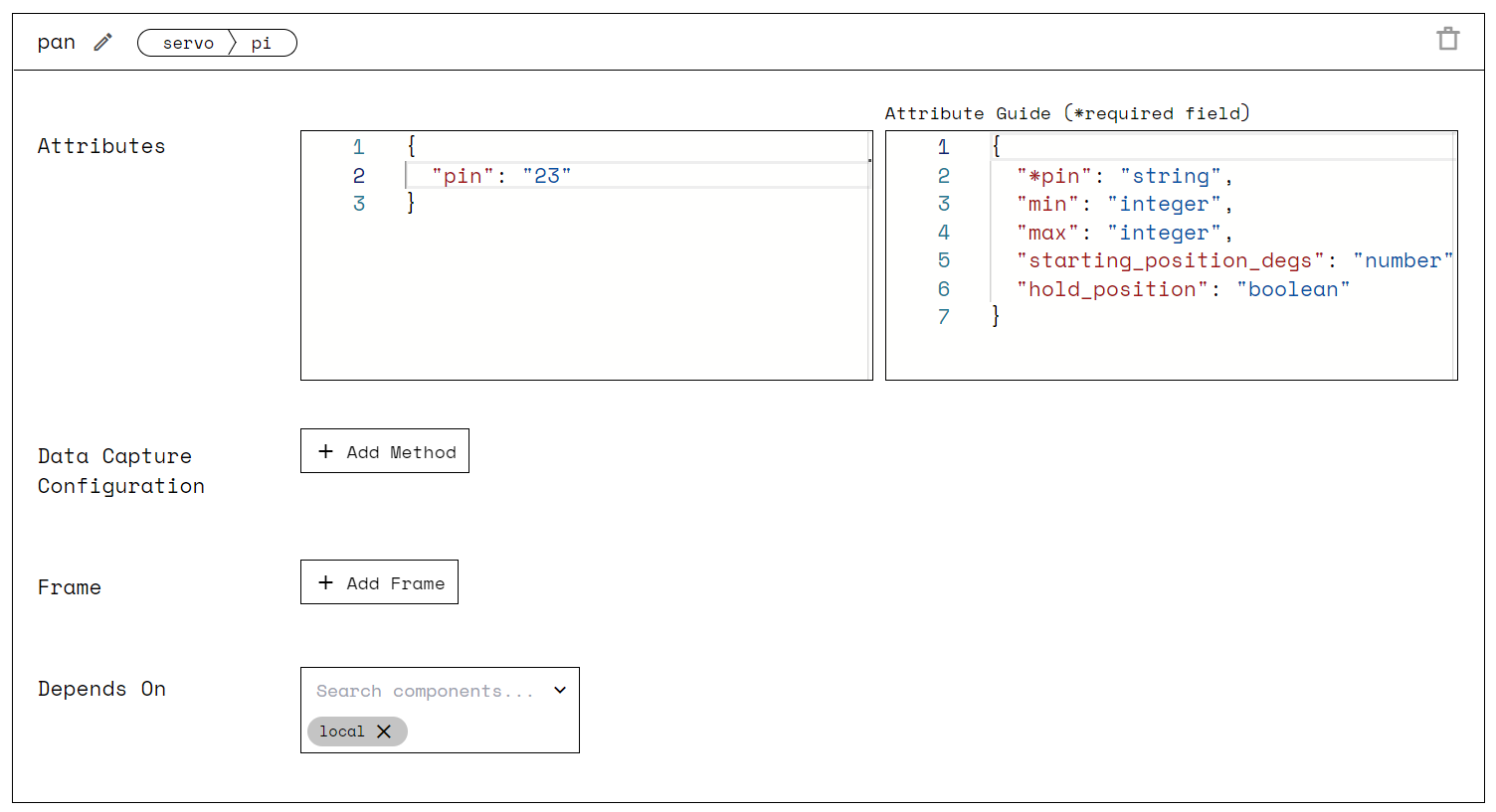A screenshot fron the CONFIG tab of the pan servo configuration showing pin set to 23.