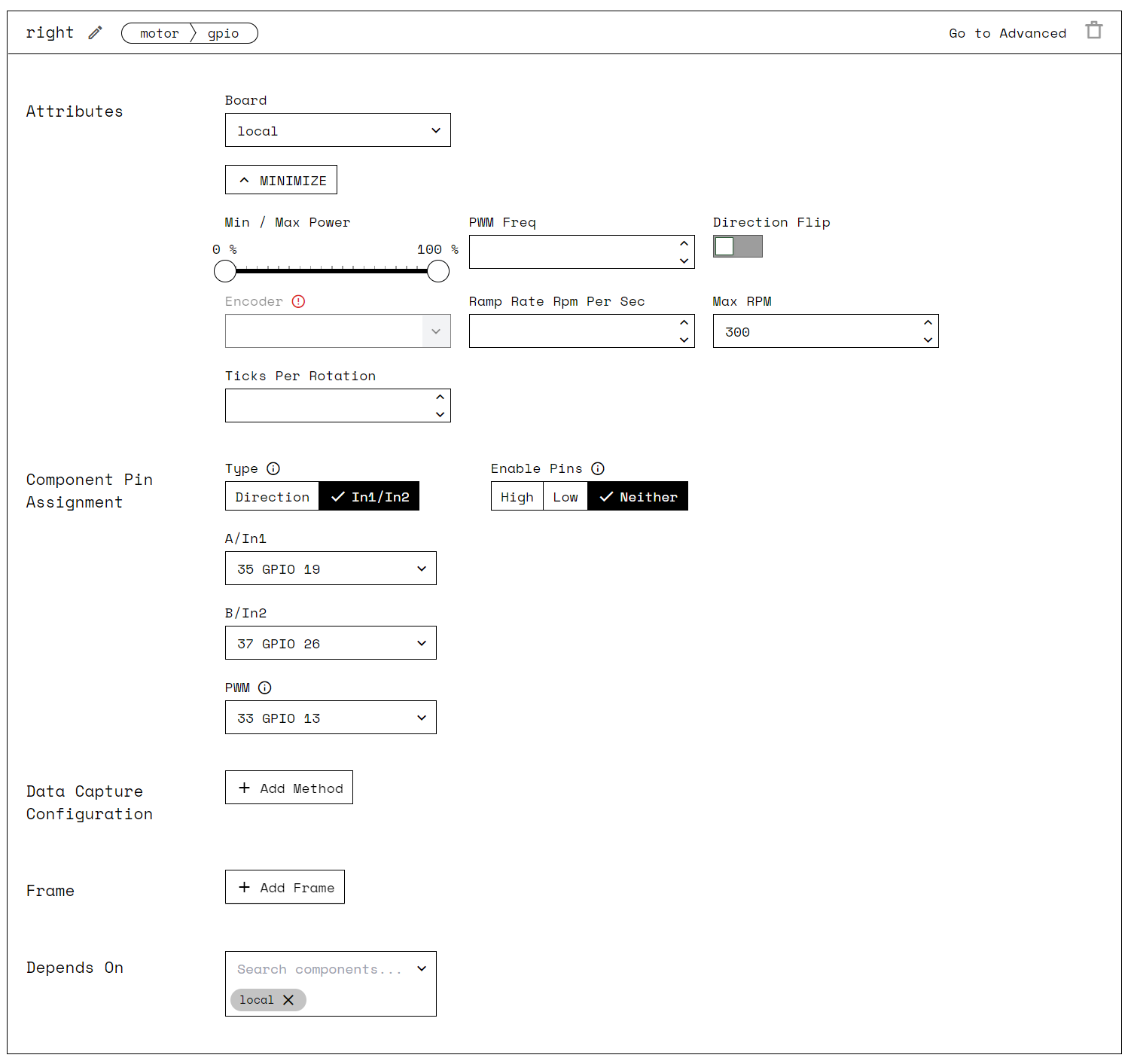 A screenshot of the right motor configuration showing pin assignment and Max RPM set to 300.