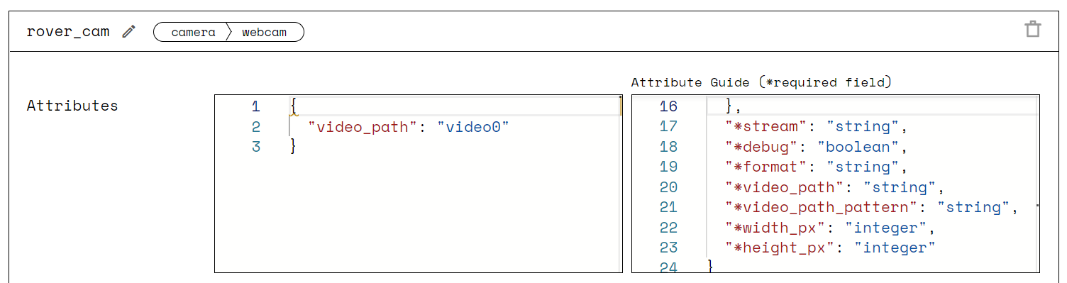 A screenshot of the camera configuration with video_path set to “video0”.