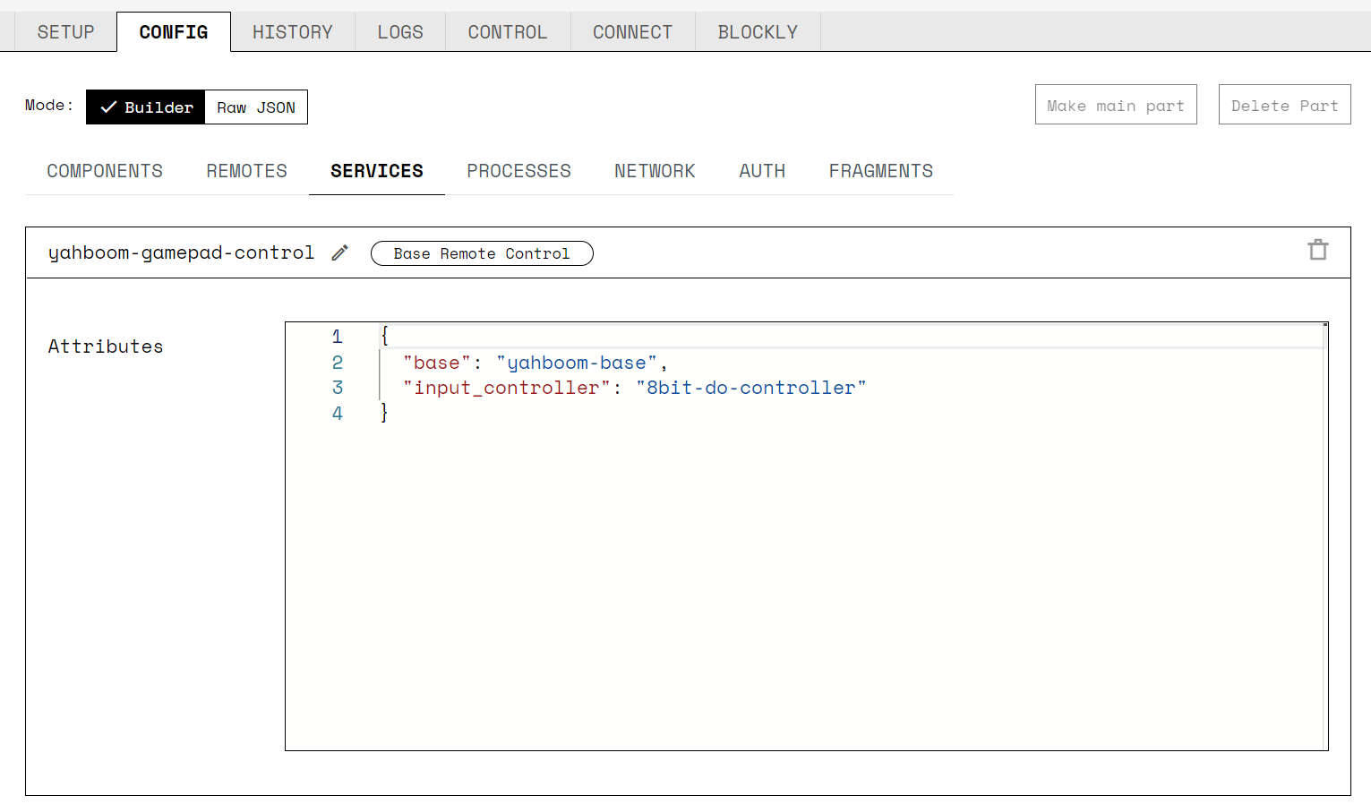 A screenshot of the SERVICES sub-tab of the CONFIG tab on app.viam.com, showing the configured base remote control service.