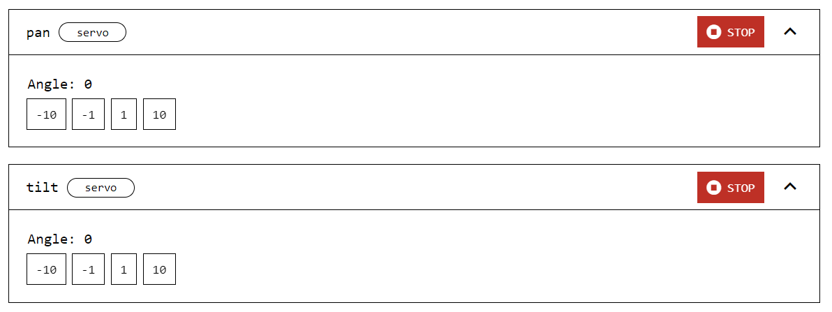 A screenshot of the servo control card on the CONTROL tab. There are buttons to change the angles of the pan and tilt servos, independently.
